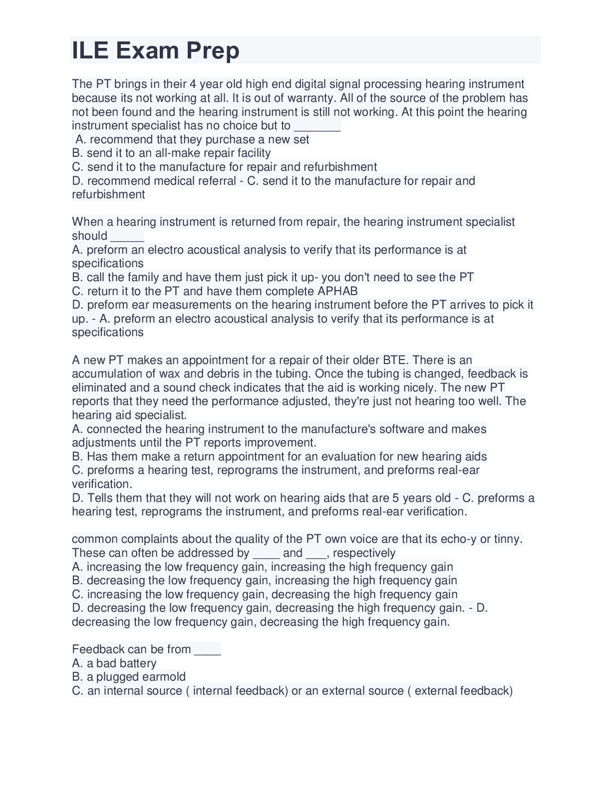 Preview image for ILE Exam Prep Exams with Multiple Choices and Answers